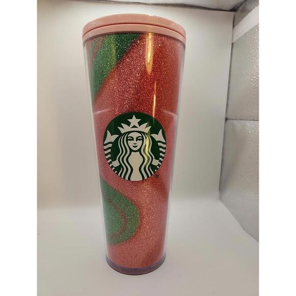 Starbucks Christmas Pink Glitter Wavy Swirl Coffee Cold Cup Tumbler 24 oz - Picture 1 of 4